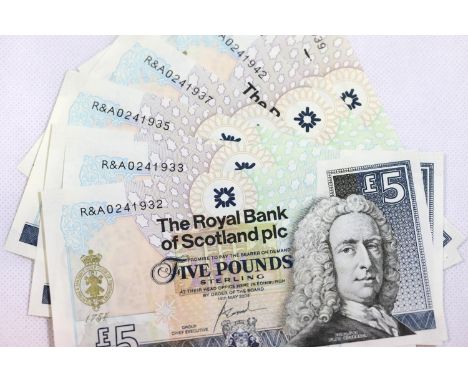 Ten RBS Royal and Ancient £5 notes. P&amp;P Group 1 (£14+VAT for the first lot and £1+VAT for subsequent lots) 
