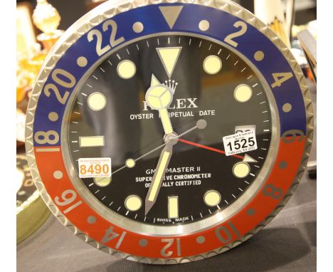 Dealers point of sale wall clock, GMT Master II with black face, Pepsi bezel, date and sweeping seconds hand. P&amp;P Group 3