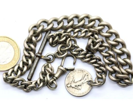 Hallmarked silver graduated link Albert watch chain with French coin fob, L: 37 cm, 60g. P&amp;P Group 1 (£14+VAT for the fir