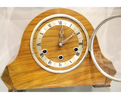 Walnut cased Westminster chiming mantel clock, H: 23 cm, working at time of lotting. Not available for in-house P&amp;P, cont