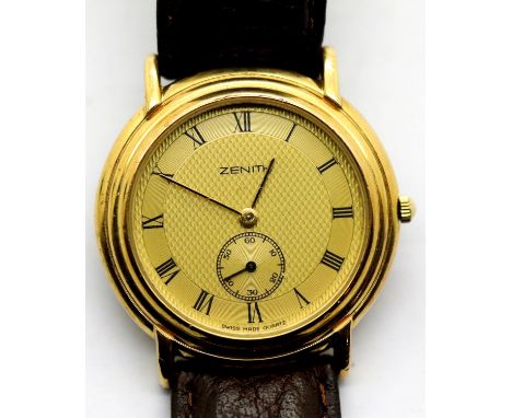 Zenith gents Cosmopolitan wristwatch with gold plated case, gold dial and subsidiary second dial at 6 o'clock, brown leather 