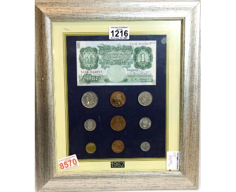 Framed 1962 set coins with L K O'Brien near uncirculated £1 note. P&amp;P Group 3 (£25+VAT for the first lot and £5+VAT for s