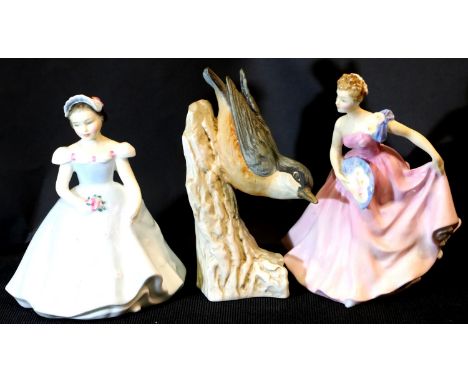 Royal Doulton figurines Invitations HN 2170 and The Bridesmaid HN 2196 and a Goebel Nuthatch. P&P Group 2 (£18+VAT for the fi