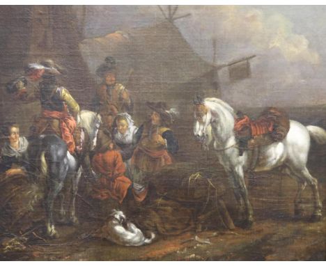 Attributed to Philips Wouwerman 1619-1668 oil on canvas later laid on board, figural exterior tavern scene, unsigned, 40 x 47