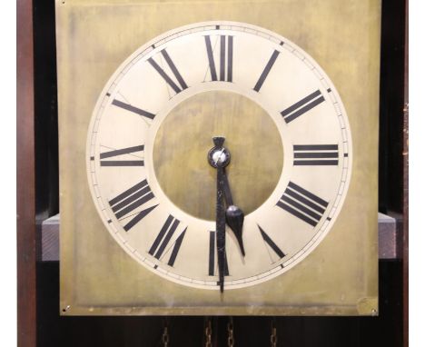 Early 20th century brass faced chiming oak cased longcase clock, working at time of lotting, H: 193 cm. Not available for in-