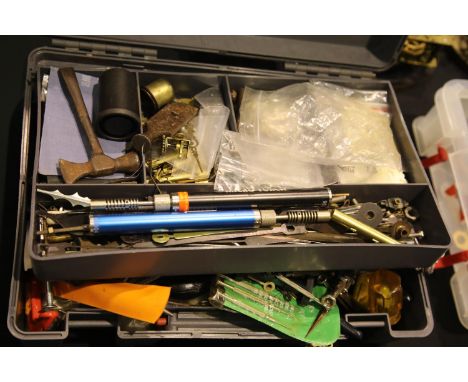 Box of clock making and repairing tools, parts and components. P&amp;P Group 3 (£25+VAT for the first lot and £5+VAT for subs
