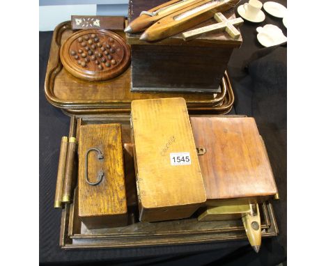 Four wooden trays, boxes, shuttles and other wooden items. P&amp;P Group 3 (£25+VAT for the first lot and £5+VAT for subseque