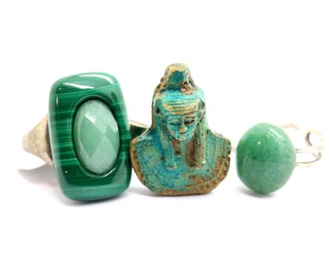 Three silver, jade and malachite rings. P&amp;P Group 1 (£14+VAT for the first lot and £1+VAT for subsequent lots) 