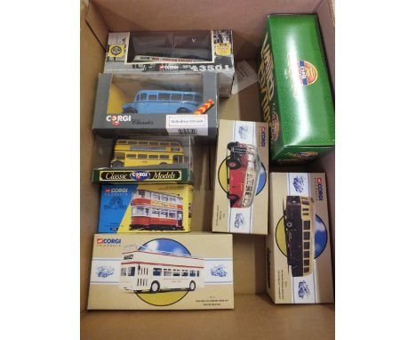 Eight boxed Corgi classic buses, 97233 Devon General Leyland Atlantean, AEC bus 86980, London tram 36701, Bedford O.B coach 9