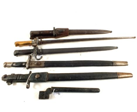 Six bayonets consisting of French 1886 epee, French 1892 model, Spanish 1893 Artillery, Czech model 1924, No. 4 Mk 2 in plast