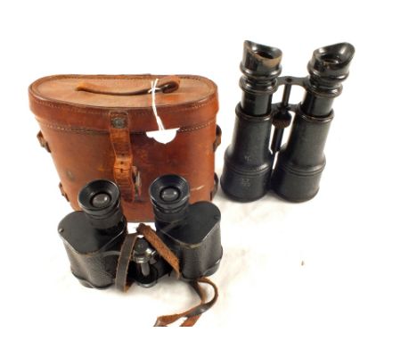A pair of Kershaw No.2 Mk.II binoculars dated 1938, in leather case dated 1937 with a French pair marked Army-Navy