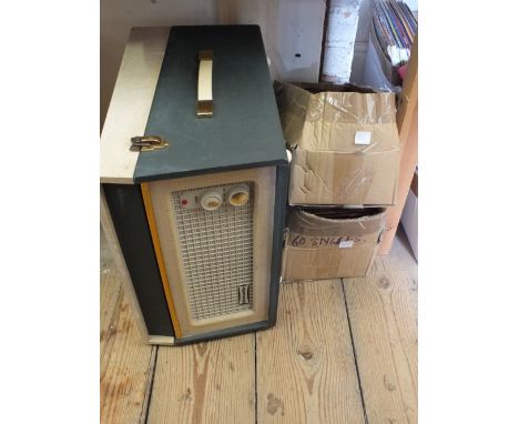 A Dansette record player and six boxes of LP's and singles