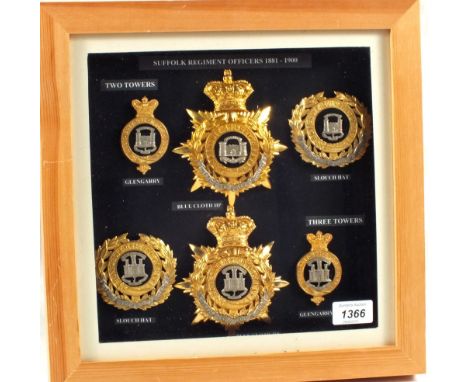 Collection of Victorian (PATTERN) Suffolk Regiment Officers helmet and cap badges including both two and three tower examples
