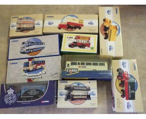 Ten boxed Corgi models, two Scammell Scarab 97910, Bedford articulated 97301, three Plaxton coach 91907, Royal Worcester van 