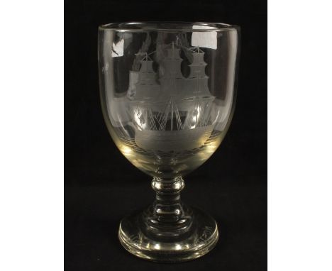 A 19th Century glass goblet engraved with a portrait of Admiral Sir Home Riggs Popham and his ship.  Base engraved Calvi, Nel
