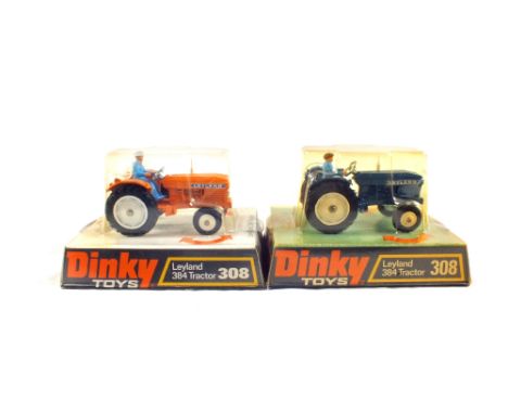 Hanging pack of Dinky models, 308 Leyland, 384 tractor, orange body and blue body