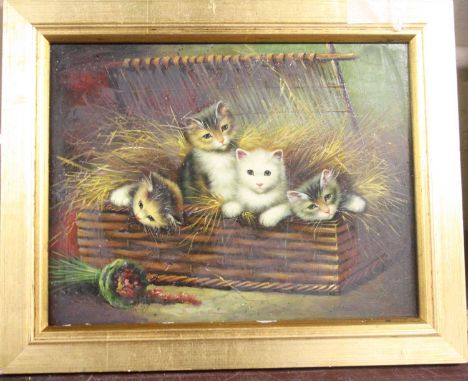 20th century English School - Kittens in a basket, oil on panel, unsigned, 18.5 x 24.5 cm