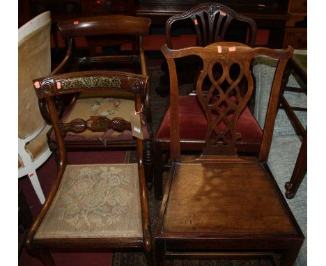 A Regency mahogany and floral brass inlaid barback single dining chair; together with a 19th century mahogany Chippendale sty