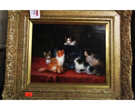 Helen Lees - Kittens around the fishbowl, oil on panel, signed lower left, 19 x 23.5 cm