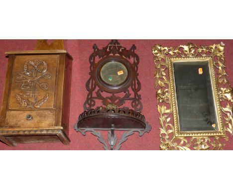 A 19th century Italian floral pierced and gilt rectangular wall mirror (with damages), together with a fret carved wall shelf