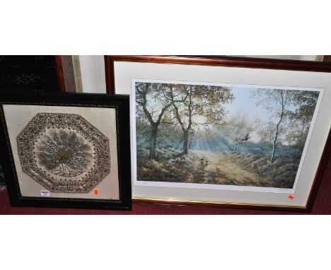 Neil Spilman - Game Birds on a Sunlit Morning, limited edition print No. 66/500, 40x60cm; and a framed gold thread and silkwo