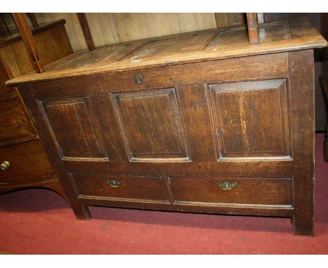 An 18th century joined oak three-panelled hinge top mule chest, having twin short lower drawers, width 121cmTop with some dis