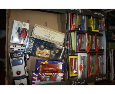 Two boxes of mixed modern issue diecast to include Solido fire engine, EFE buses etc