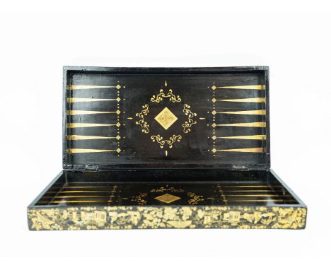 CHINOISERIE CHESS/BACKGAMMON BOARD. Early 19th Century Lacquered with Chinoiserie decoration, folding on hinges, 50cms x 50cm