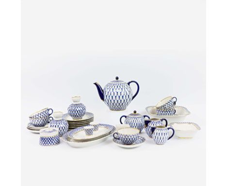 A LOMONOSOV RUSSIAN PORCELAIN ROYAL COBALT NET BLUE GOLD TEA SERVICE. (QTY). comprising six tea cups and saucers, six side pl