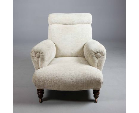 VICTORIAN WALNUT ARMCHAIR. Circa 1880, in taupe chenille on ceramic castors,91cm H x 87cm W x 98cm D.