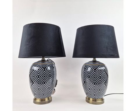 TABLE LAMPS, A PAIR, GLAZED CERAMIC. with black shades, 55cm H approx. (2).