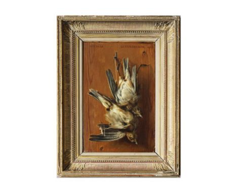 MATHIAS LEYENDECKER (GERMAN, 1821-1871). STILL LIFE OF HANGING BIRDS ON TROMPE L'OEIL PANELLING. oil on canvas, signed and da