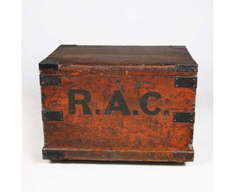 VICTORIAN TRUNK. pine and iron bound, painted with initials RAC, with zinc lining and ball castors, 52cm H x 74cm W x 50cm D.