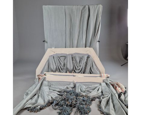 CURTAINS, THREE PAIRS. in a blue fabric, lined and interlined, two pairs each curtain approx. 100cm wide gathered by 298cm dr