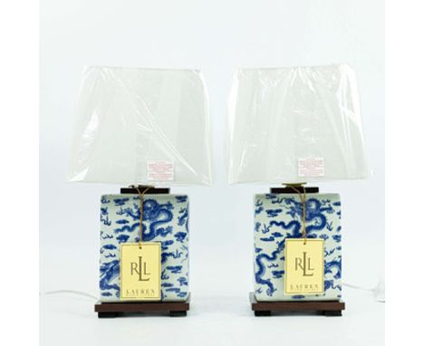 LAUREN RALPH LAUREN HOME TABLE LAMPS, A PAIR. ceramic with dragon design, with shades, 42cm H approx. (2).