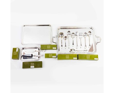 A QUANTITY OF CHRISTOFLE SILVER-PLATE. (QTY). including three trays, boxed spoons, knifes and forks along with a pepper pot a