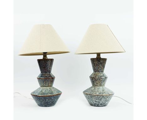 TABLE LAMPS, A PAIR, 1960S SCANDINAVIAN STYLE CERAMIC. with shades, 43cm H approx. (2).