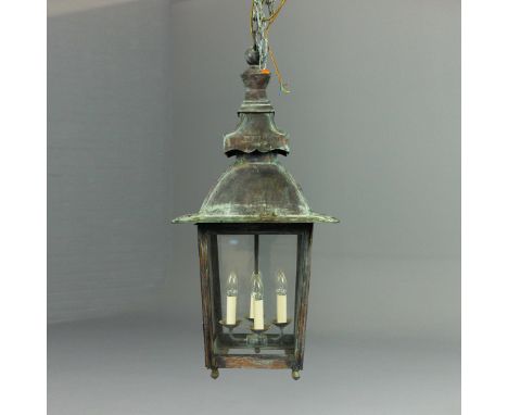 A COPPER HALL LANTERN. 100cm H (excluding chain) x 44cm x 44cm.