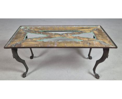 GRECO ROMAN STYLE BRONZE COFFEE TABLE BASE. With cabriole supports with mask detail and paw feet 109cm w x 56cm d x 50 cm t, 