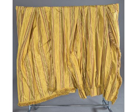 CURTAINS, FLORAL, TWO PAIRS. with a striped yellow field, lined and interlined, one pair each curtain approx. 170cm w gathere