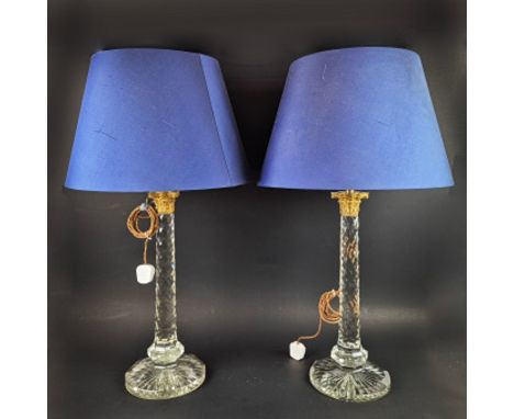 CORINTHIAN COLUMN TABLE LAMPS, A PAIR. glass and gilt metal, with shades, 90cm H approx. (2).
