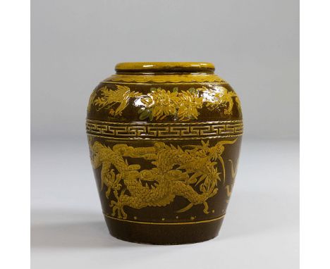SOUTHEAST ASIAN MARTABAN DRAGON JAR. Glazed ceramic and dragon decorated, 46cm H x 42cm D.