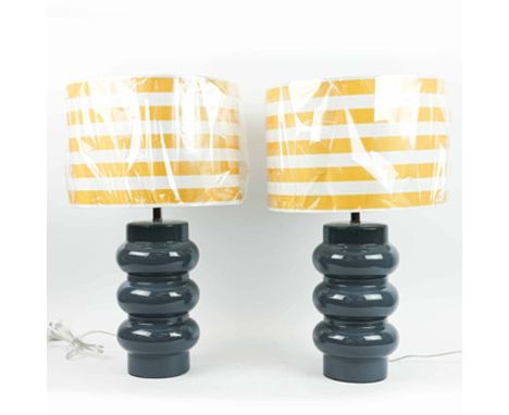 TABLE LAMPS, A PAIR, BLUE GLAZED CERAMIC, YELLOW AND WHITE STRIPED SHADES. 55.5cm H approx. (2).