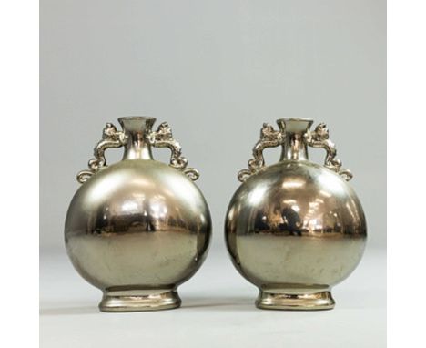 EICHHOLTZ CHINESE STYLE MOON VASES, A PAIR. glazed ceramic, silver finish, 63.5cm H approx. (2).