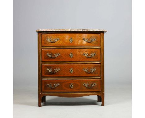 RÉGENCE STYLE BOWFRONT COMMODE. tulipwood and brass mounted with marble top above four drawers, 87cm H x 81cm W x 41cm D.