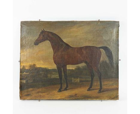 CLAUDE LORRAINE FERNELEY (BRITISH, 1822-1891). In the manner of. 19TH CENTURY PORTRAIT OF A RACE HORSE IN A PADDOCK. oil on c