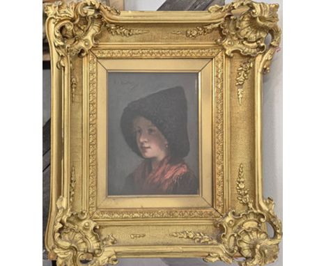 EMMA MULLER (AUSTRIAN, 1859-1925) PORTRAIT OF A GIRL OIL ON BOARD. Signed, in a gilt frame47cm H x 42cm W.