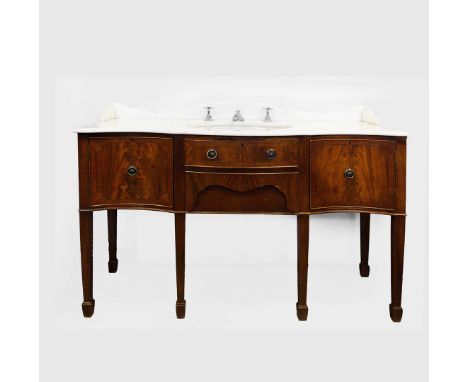 BASIN UNIT, SERPENTINE. the white marble top on a mahogany base 58cm d x 138cm w x 102cm t.