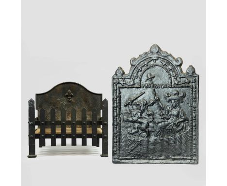 CAST IRON FIRE BACK. inscribed pro patria, 80cm H x 60cm W and an iron fire grate, 38cm H x 40cm W x 26cm D. (2).