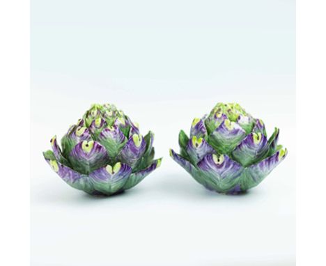LADY ANNE GORDON (1924-2007). A PAIR OF CERAMIC ARTICHOKES. (d) monogrammed and dated to base, 10cm H x 14cm W approx. (Subje